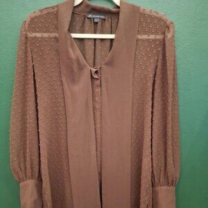 Adrianna Papell Clip Dot Tie Neck LS Blouse sz M